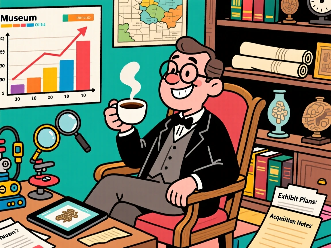 A vibrant profession-themed portrait of a meticulous museum curator taking a well-earned break with a proud grin, surrounded by charts, gadgets, and paperwork.