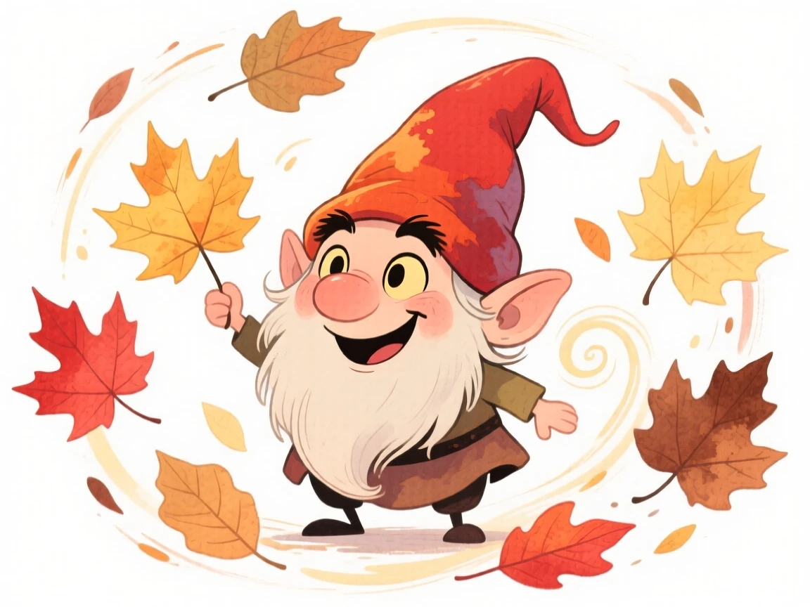 A mischievous gnome commanding a swirl of autumn leaves like magic