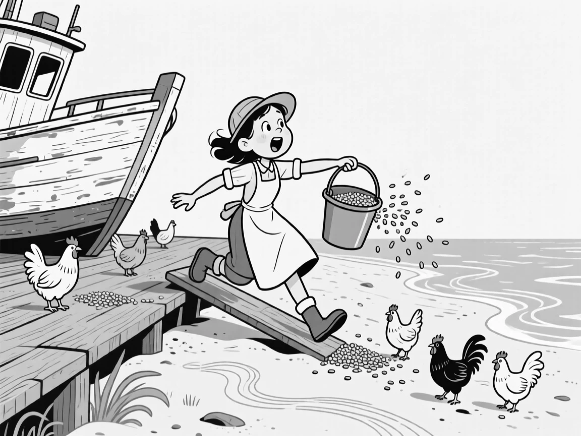 A farmer's daughter feeding chickens from an overflowing bucket, sliding backward down the hill instead of forward, set on a weathered fishing boat deck. Seafoam traces delicate patterns in the sand. The image feels like a breath of fresh outdoor air.