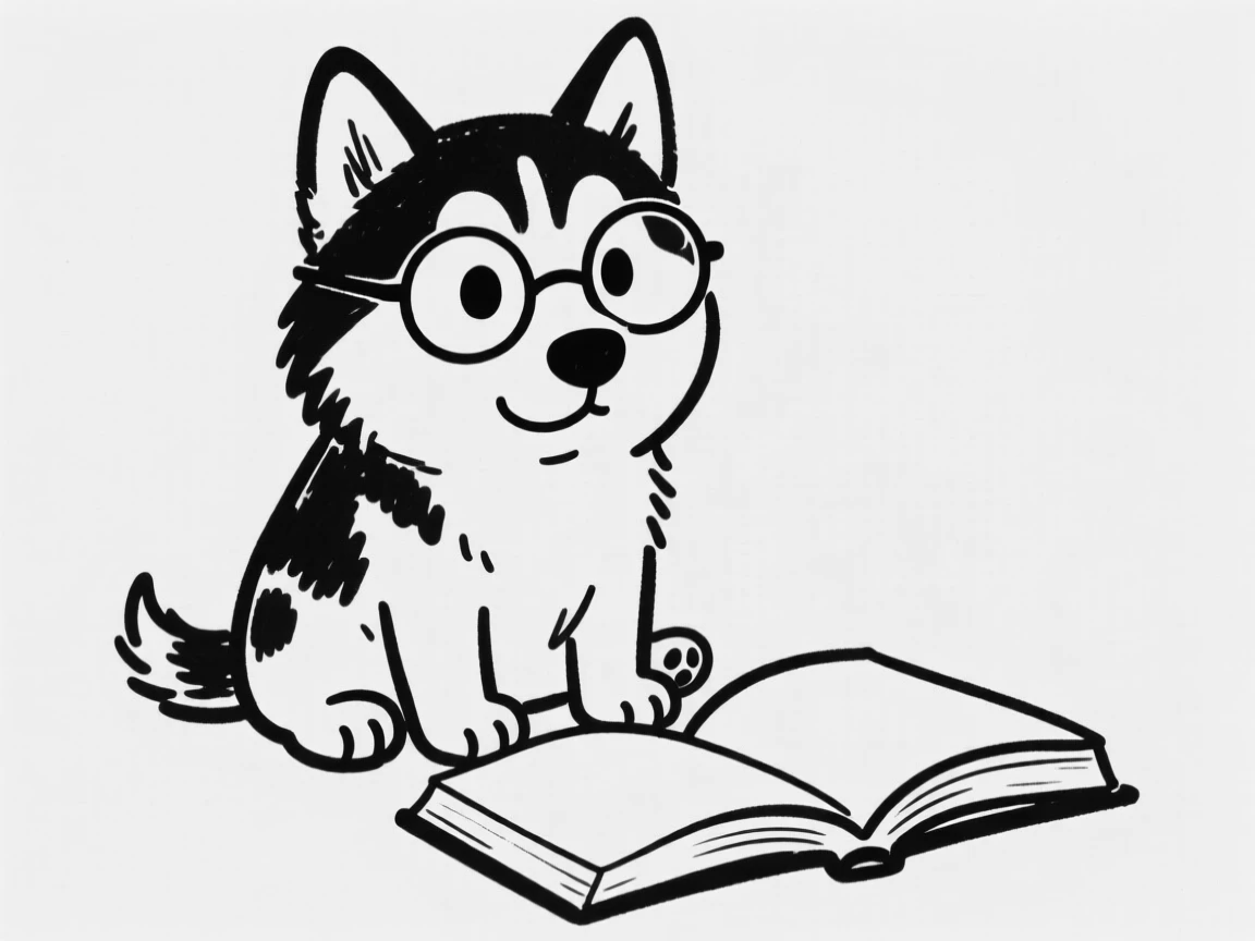 A husky puppy wearing tiny reading glasses, sitting beside an open book.