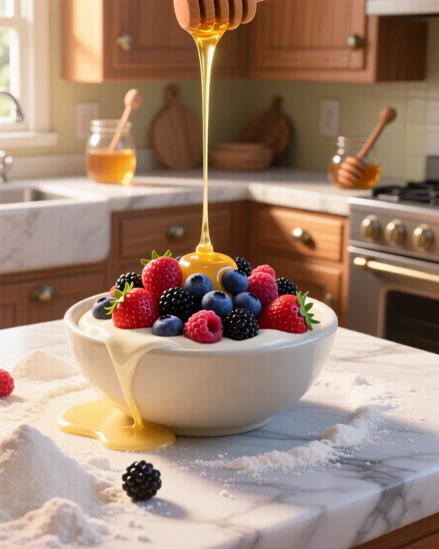 A bowl of fresh mixed berries with cream sits on a marble kitchen counter dusted with flour, with honey drizzling slowly over the top. The setting feels relaxed and satisfying.