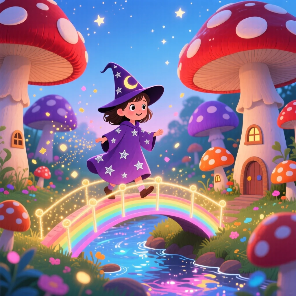 In a garden of giant mushrooms, a young sorceress discovers a moment of wonder while crossing a bridge made of rainbow light, as sparkling magic dust drifts through the air.