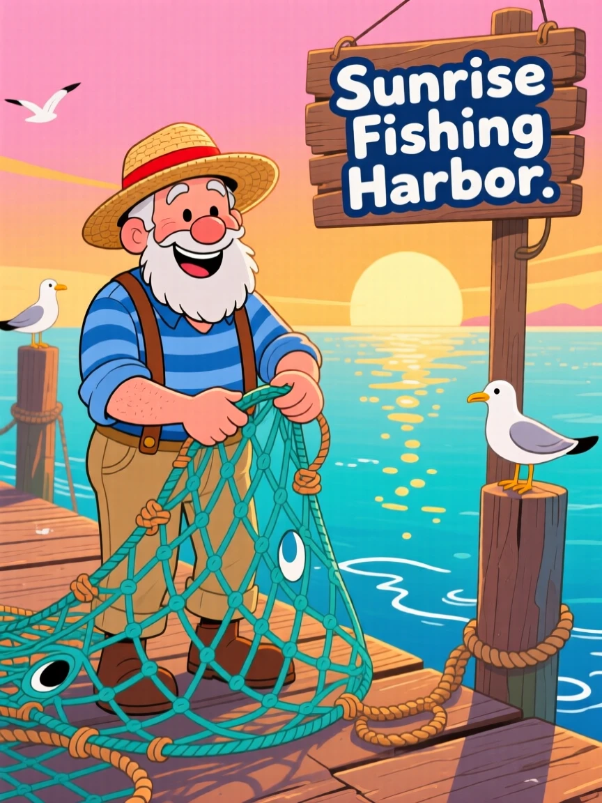 A fisherman mending nets on a quiet dock at sunrise.
