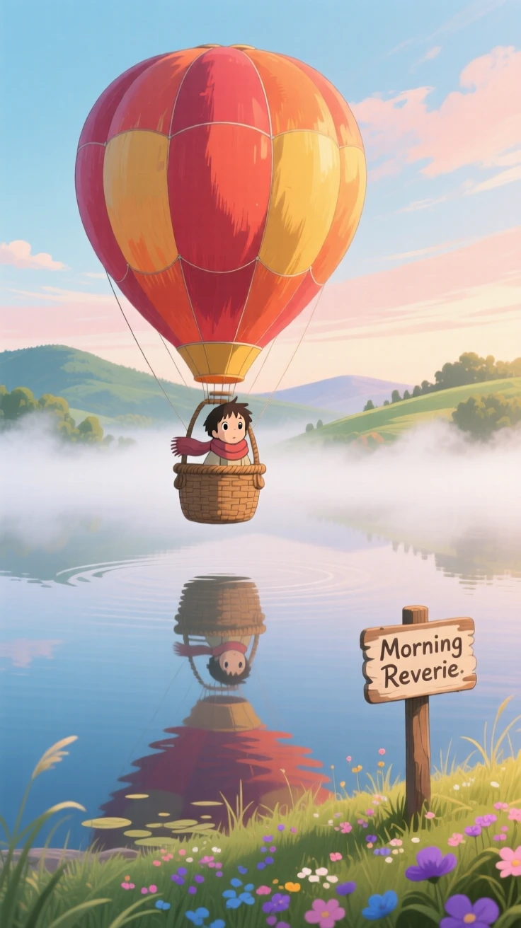 A stunning view of a hot air balloon drifting above a layer of morning fog, reflected perfectly on a mirror-still surface below.