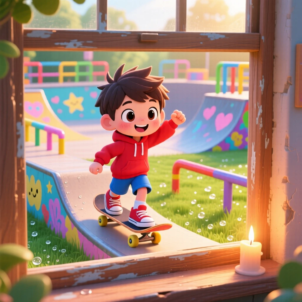 Framed through a window of a small boy, riding a skateboard down a gentle ramp, in a colorful skate park, as morning dew glistens on the grass, illuminated by gentle candlelight, radiating brave confidence.