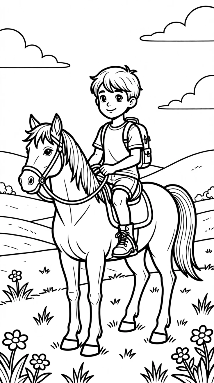 A young adventurer riding a horse across an open prairie