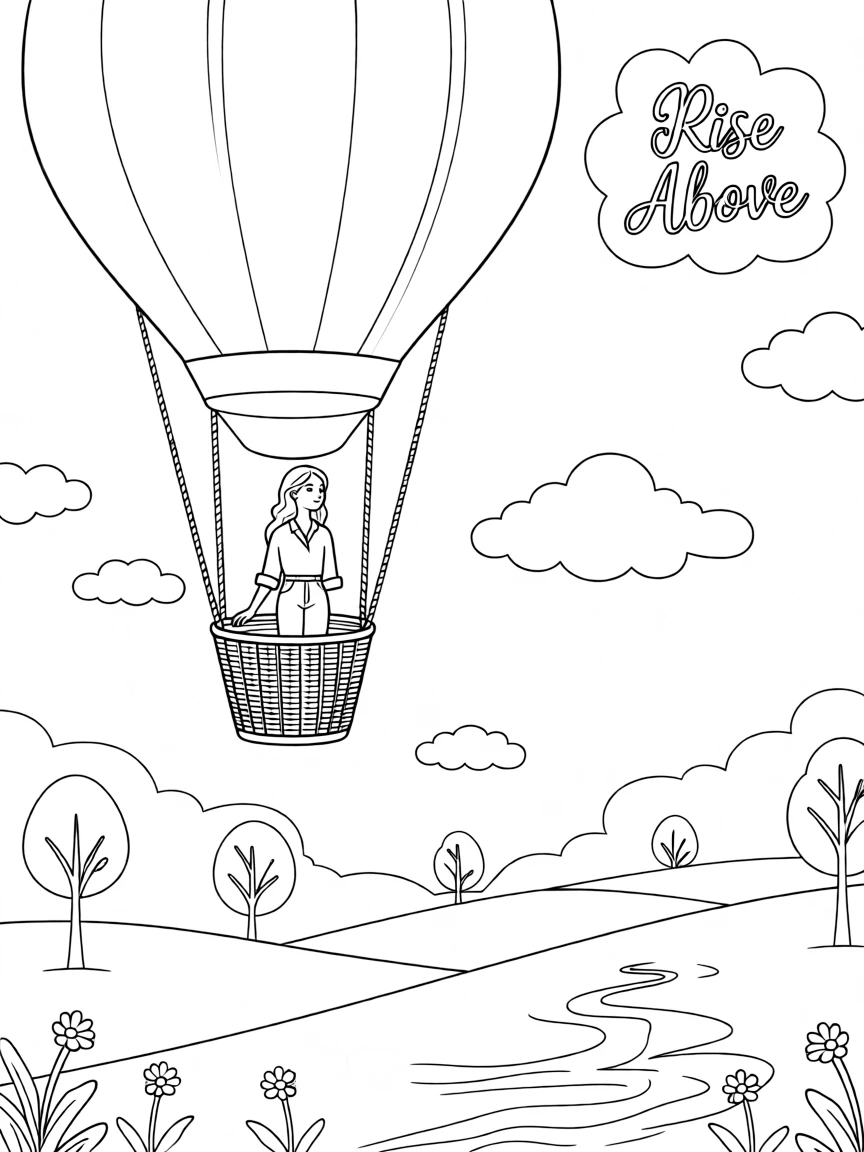 A hot air balloon drifting through a sky painted with clouds, with mist rolling gently across the ground.