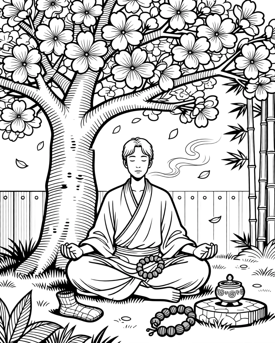 A person meditating cross-legged beneath a blossoming cherry tree.