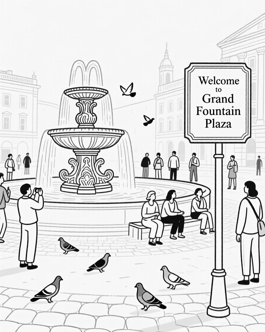 A famous fountain plaza filled with tourists and pigeons