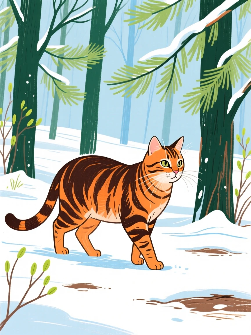 A tabby cat wandering in a snowy pine forest in early spring.