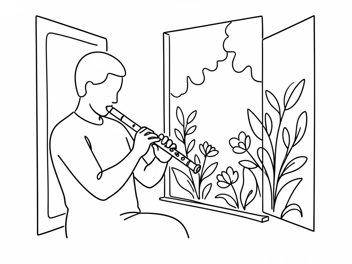 A flutist practicing beside an open window overlooking a garden