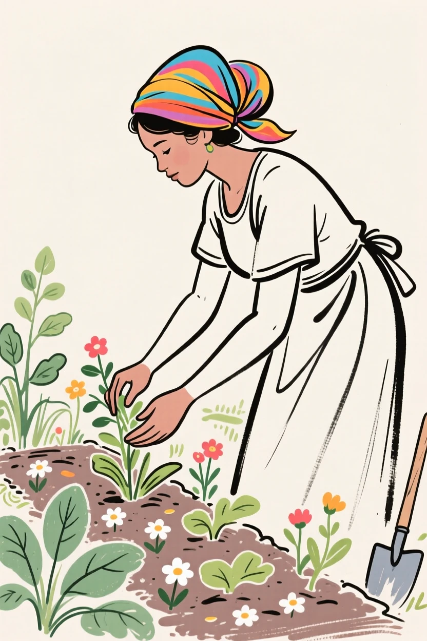 A woman in a vibrant headwrap tending to a community garden.