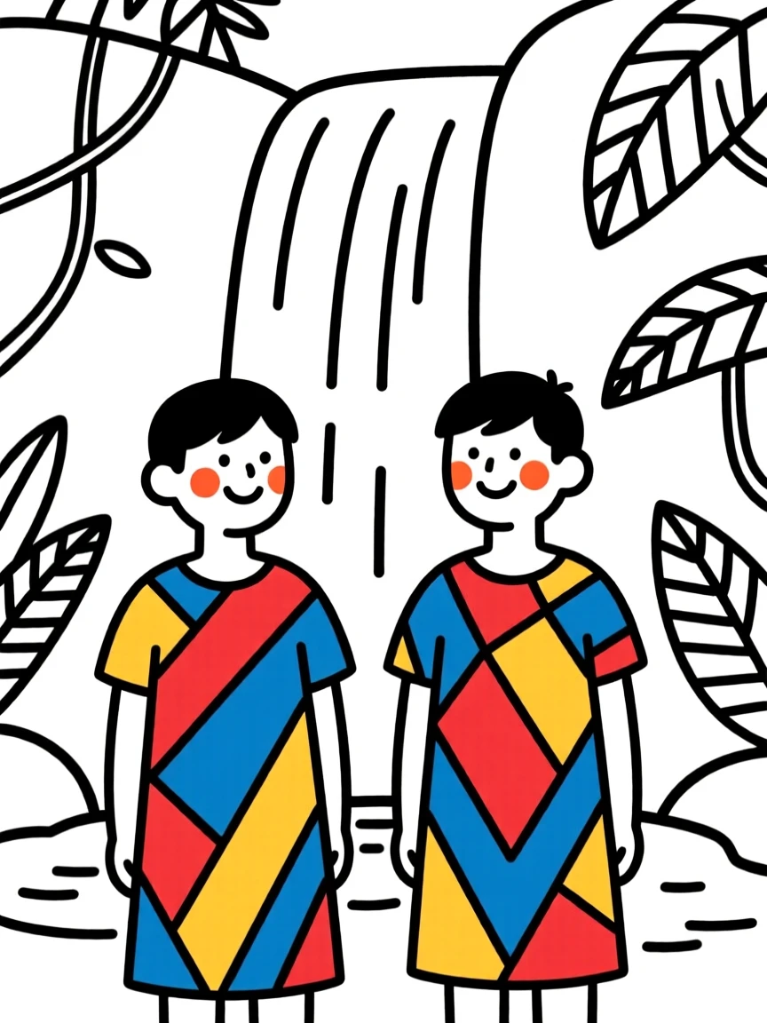Twin brothers of Peruvian heritage wearing a colorful Ankara dress, smiling warmly, by a waterfall in the jungle.