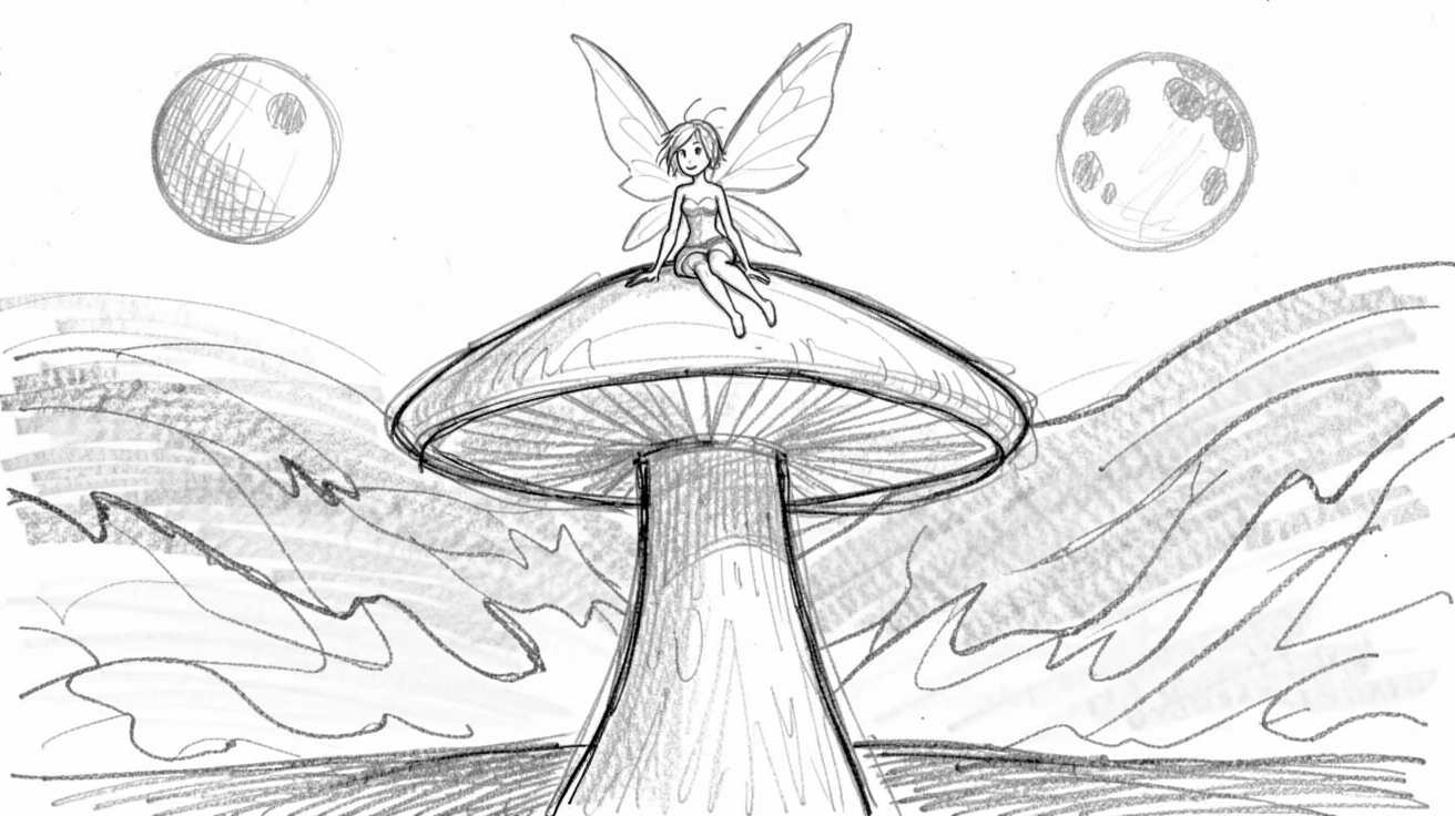 A magical, imaginative vision of a fairy resting on a giant mushroom in a realm where two moons hang in the sky, with the horizon ablaze in impossible colors.
