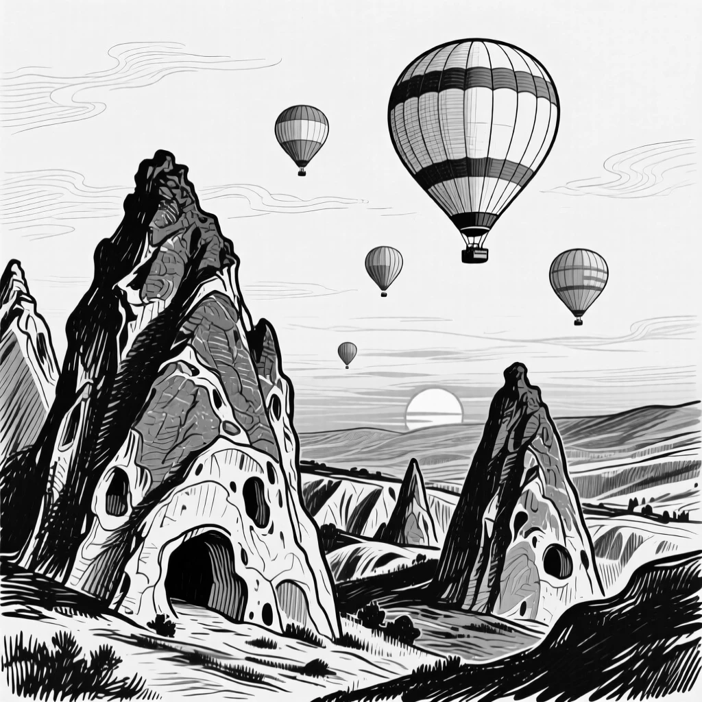 The ancient rock formations of Cappadocia glowing at sunset beneath drifting balloons.