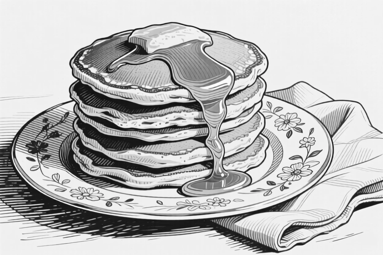 A stack of golden pancakes with syrup presented on a vintage porcelain plate, with a folded linen napkin nearby, presented in an indulgent and delightful culinary still life.