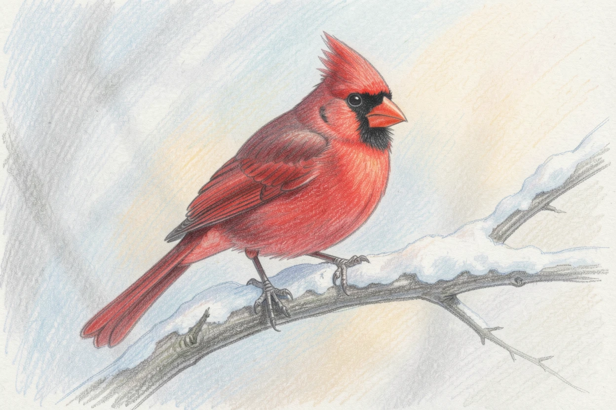 A cardinal perched on a snow-covered branch in winter light, set against a softly lit, atmospheric backdrop, perfect for anyone drawn to gentle, heartfelt imagery.