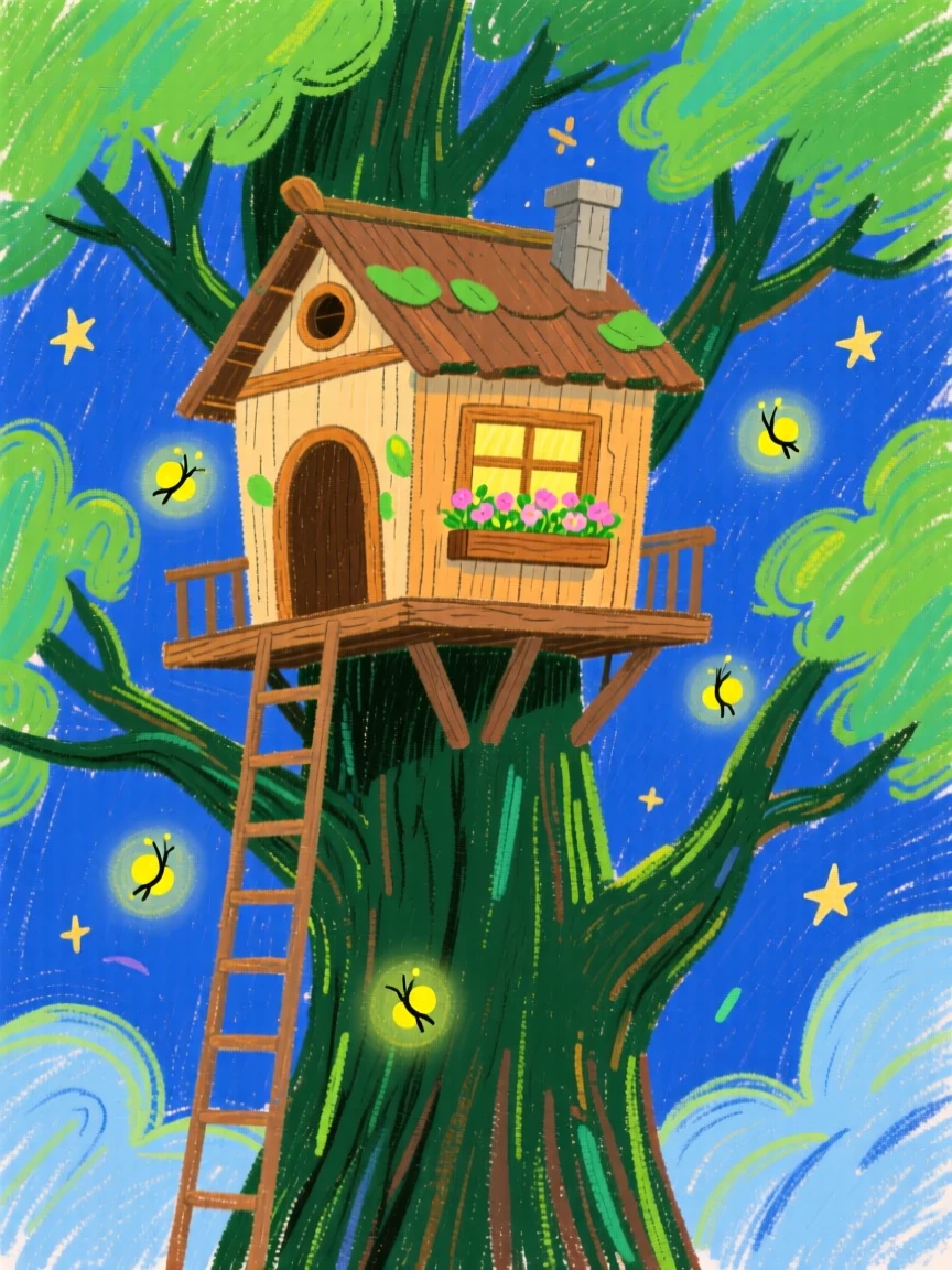 An enchanted treehouse glowing softly with magical fireflies.