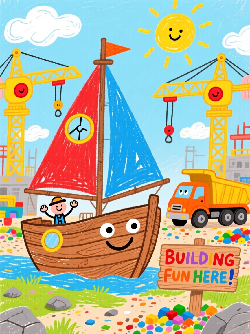 A classic wooden sailboat working at a busy construction site.