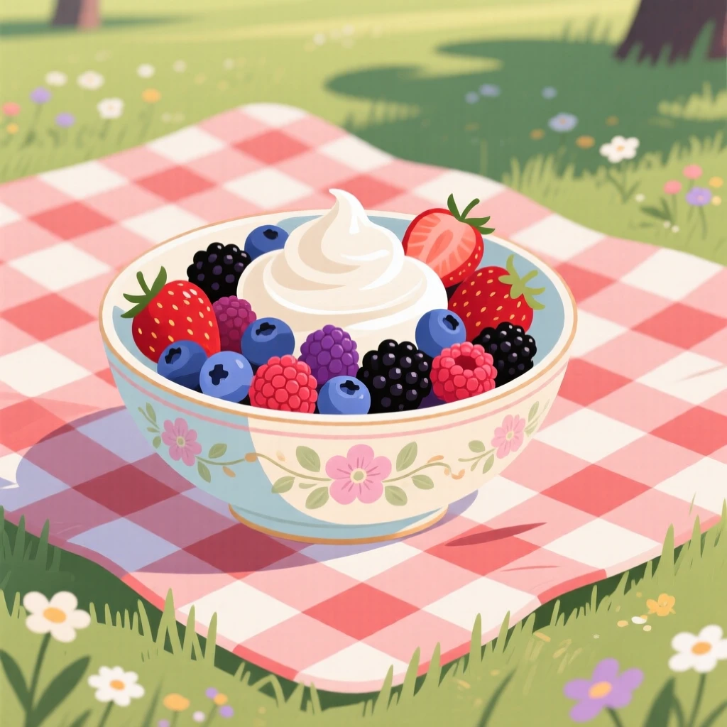 A bowl of fresh berries and cream served in a vintage dish, arranged on a picnic blanket in a park, arranged with elegant simplicity and clean lines, with a joyful, celebratory feel.