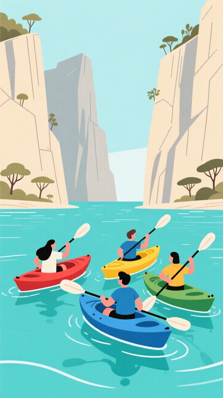 A group of friends kayaking through calm turquoise waters near limestone cliffs.