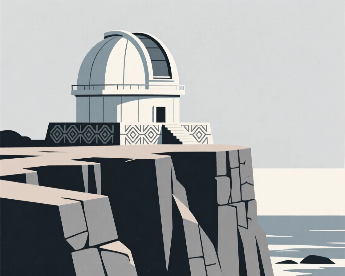 A domed observatory, striking and prominent, stands in a coastal cliffside, surrounded by intricate stone carvings, expressing peaceful order.