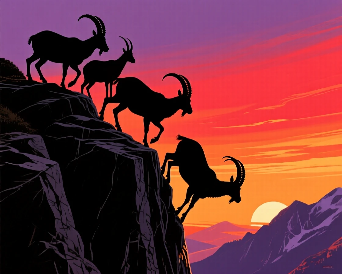 A herd of ibex balanced impossibly on a near-vertical rock face.