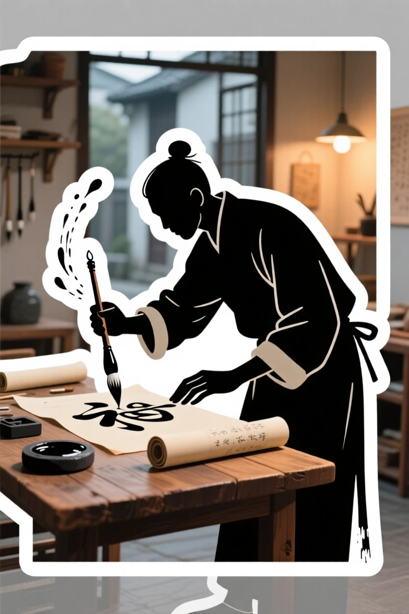 An intensely focused calligrapher writing with an ink brush, captured mid-motion during their favorite activity, at a cozy neighborhood workshop.
