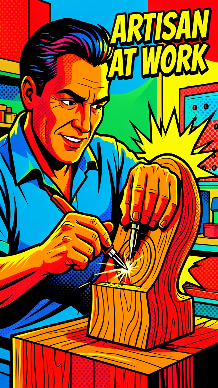 A woodworker carving detail into a wooden sculpture