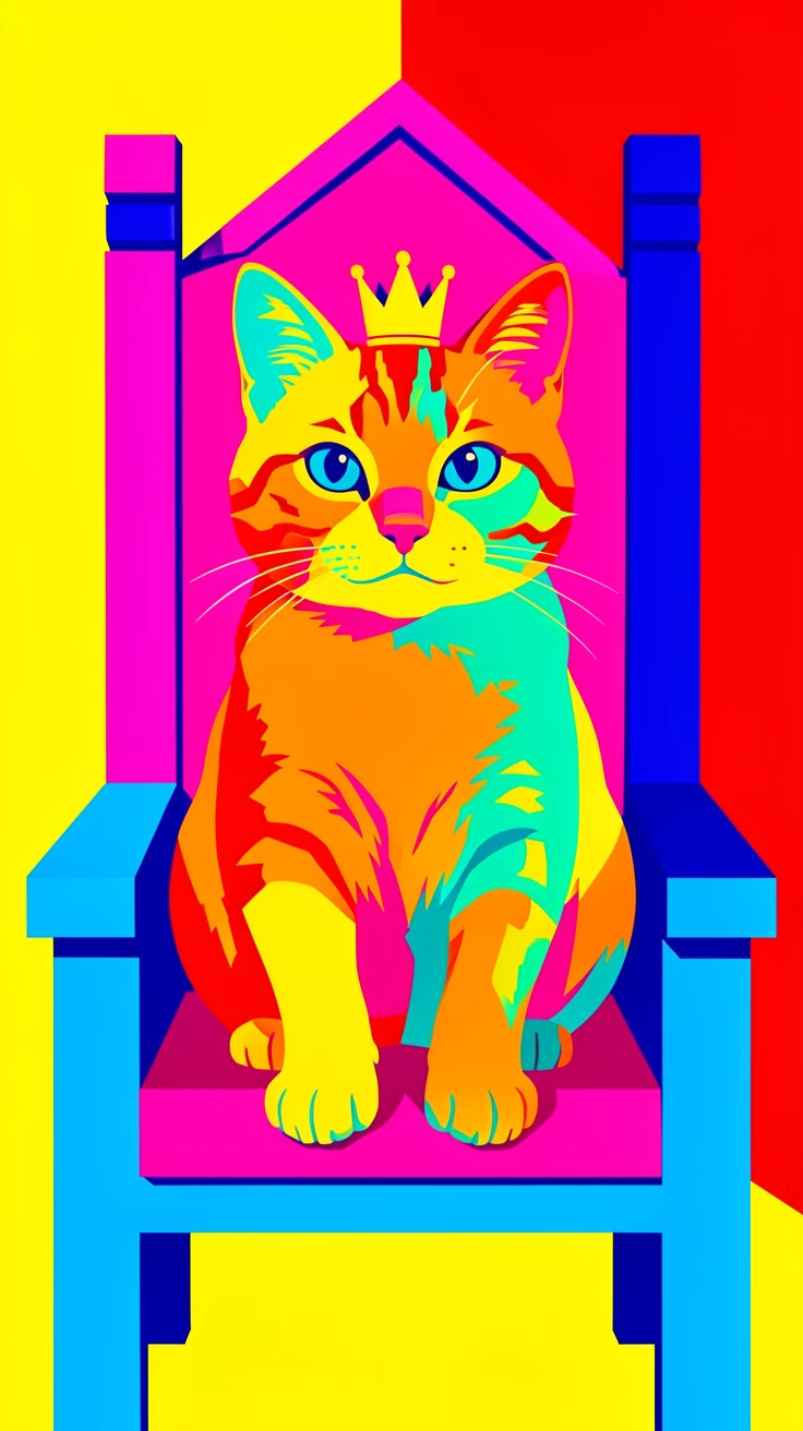 Cat wearing a tiny crown sitting on a throne