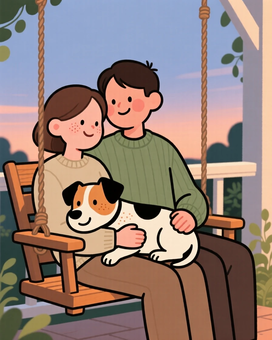 A small terrier rests its head on its owner's lap during a quiet evening on the porch swing, both perfectly content.