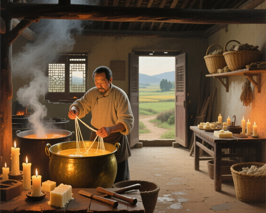 An expansive vista of a candlemaker dipping wicks in a warm workshop, in rural China, in the early 19th century.
