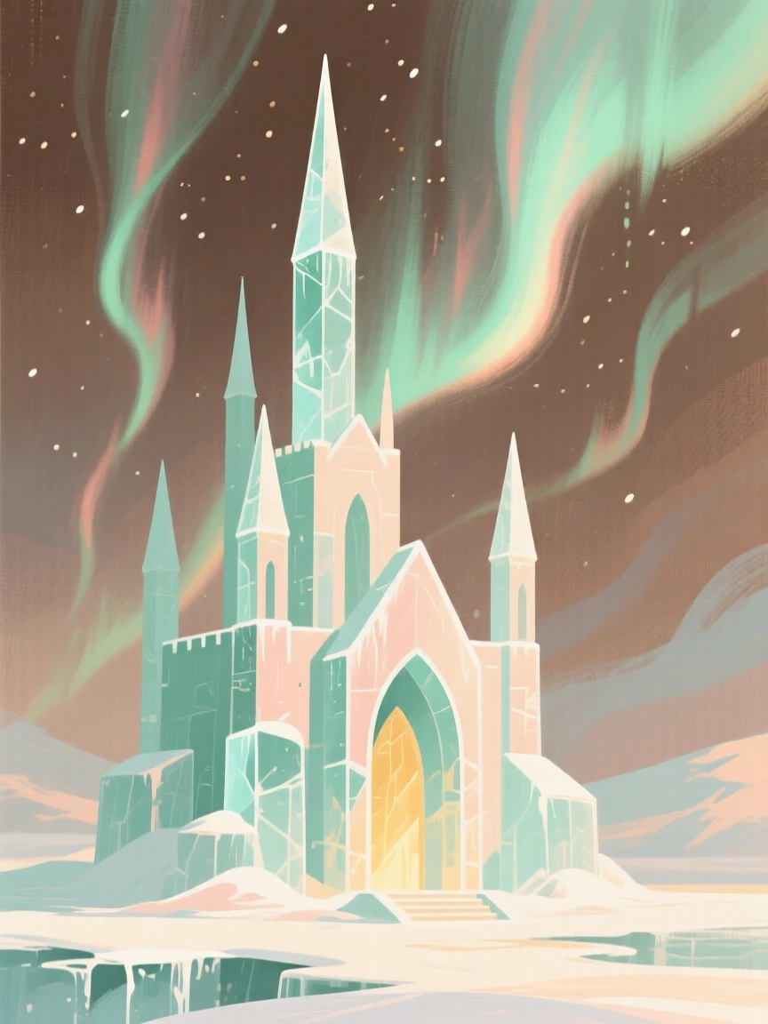 A snow queen's ice palace glittering beneath the northern lights