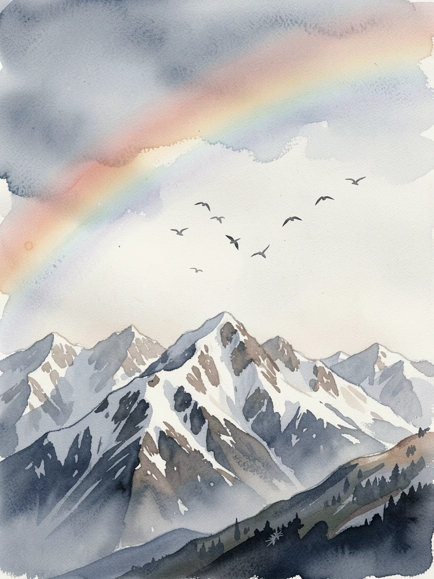 A snow-capped mountain range beneath a rainbow after rain with a flock of birds crossing the sky.