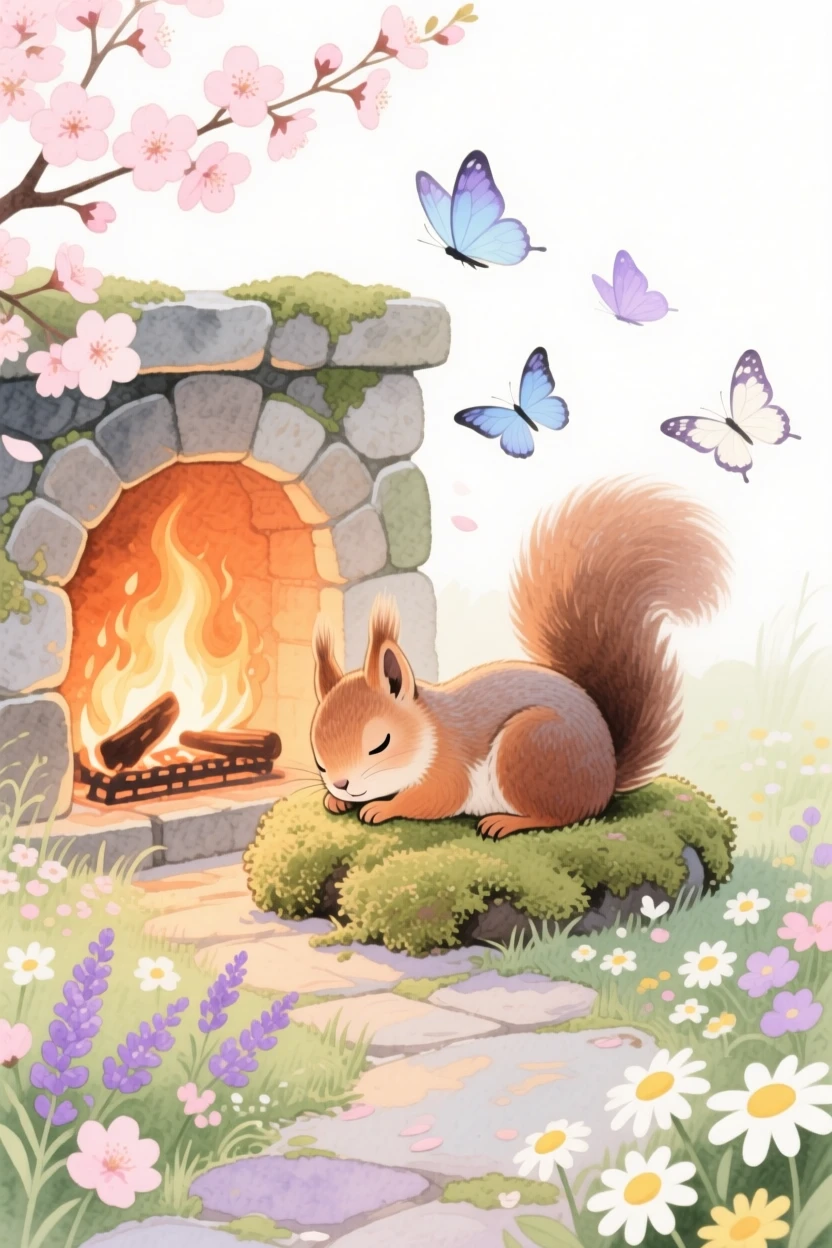 A baby squirrel dozes beside a warm hearth in a blooming garden path, as butterflies drift nearby