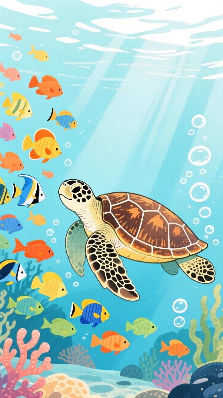 An exciting view of a sea turtle swimming beside a school of colorful fish.