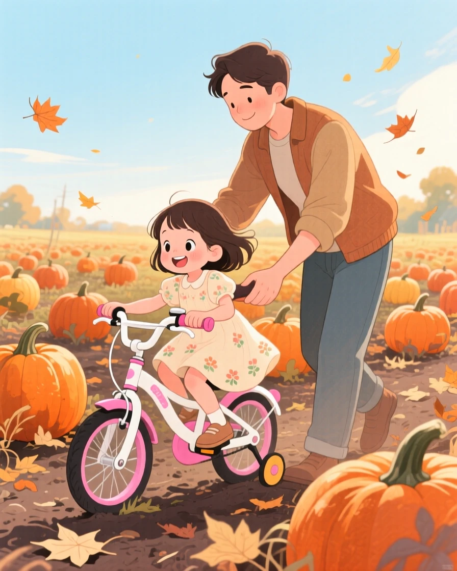 A little girl in a sundress learning to ride a bike with a parent's steady hand, in a pumpkin patch under a crisp autumn sky, showing the magic of a simple, joyful moment.
