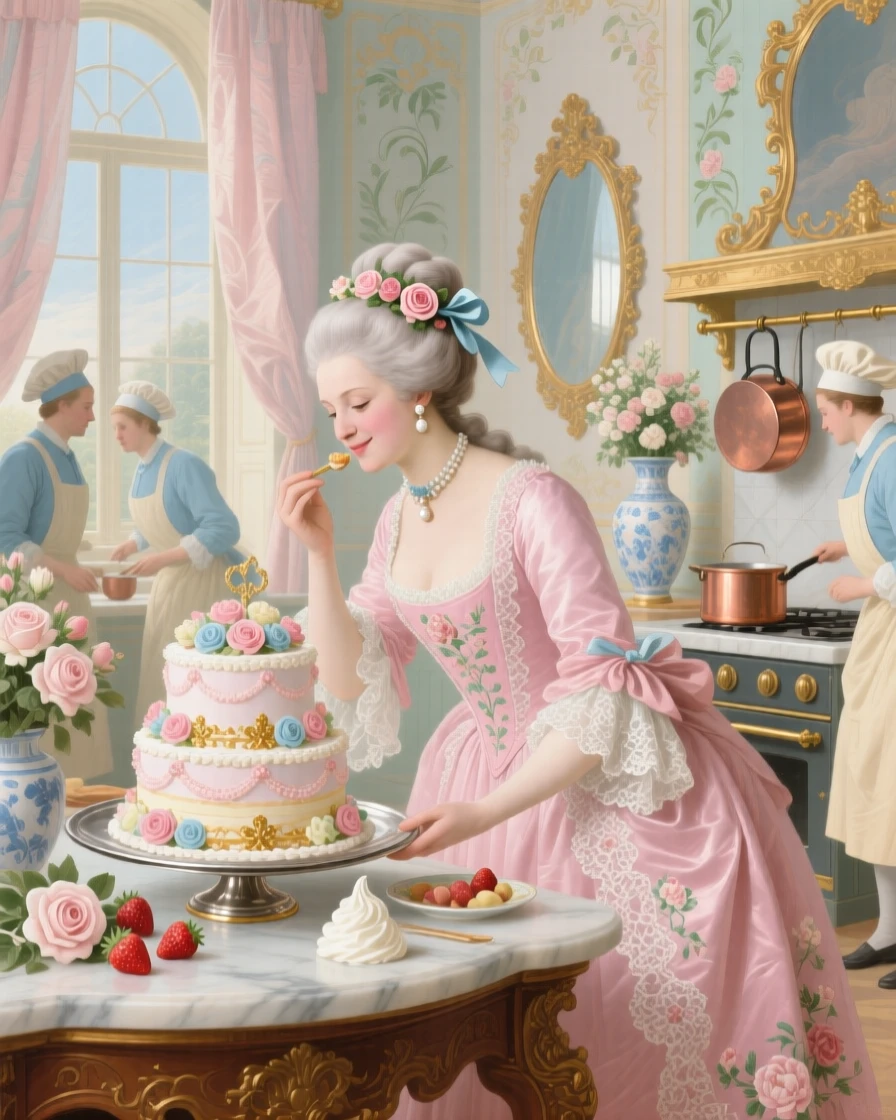 A queen visiting the palace kitchen to taste a celebratory cake  