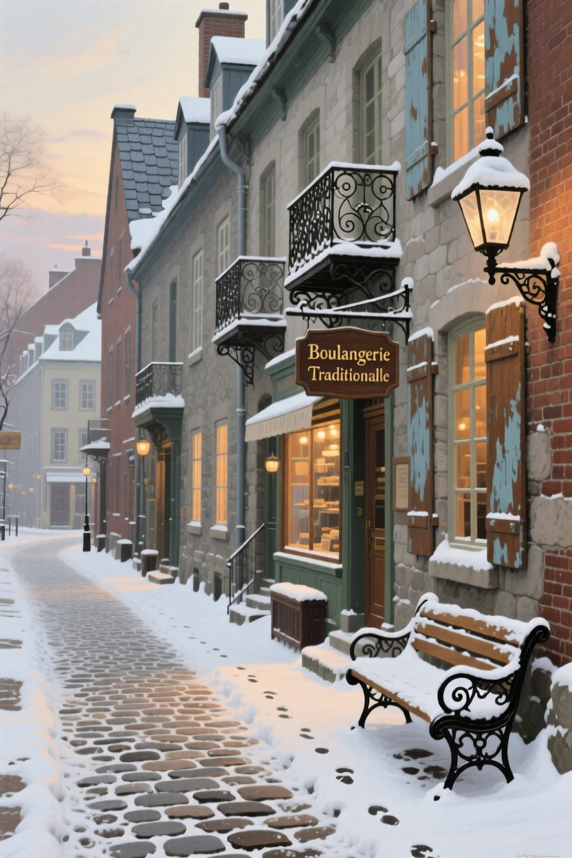 A quiet cobblestone street in old Quebec City dusted with fresh snow, with intricate architectural details rendered in careful precision, evoking a strong sense of place, history, and atmosphere
