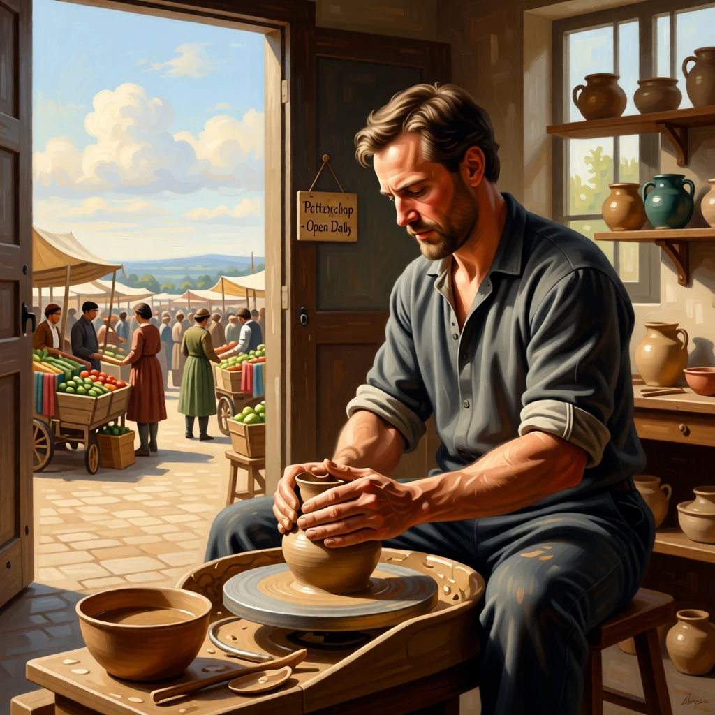 A potter shaping clay at the wheel in a sunlit workshop at the gentle heart of a simple daily ritual, set within a bustling market square filled with color and life, with modest but well-tended surroundings speaking of quiet pride; the horizon and open sky give even modest labor room to breathe, evoking dignity, warmth, and the quiet poetry of daily life.