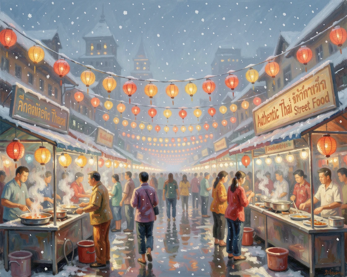 A crowded night market in Bangkok, strings of lanterns glowing above stalls of steaming street food, amid a gentle winter snowfall, inspiring awe at the beauty of the scene.