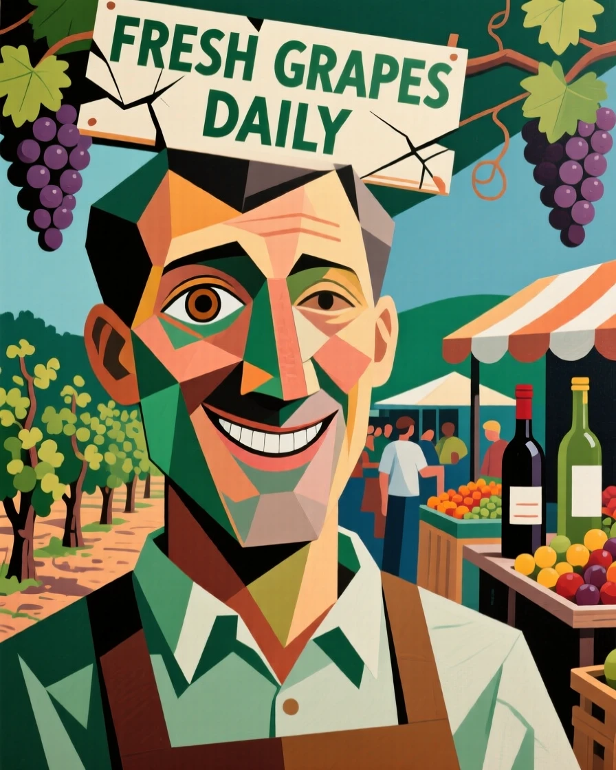 A close-up portrait of a vineyard grower smiling gently amid the quiet hum of a busy market.