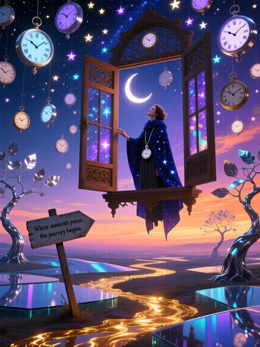 A sky filled with clocks instead of stars, all ticking softly casts a soft glow across a still and quiet landscape, while a lone traveler watches from an open window.