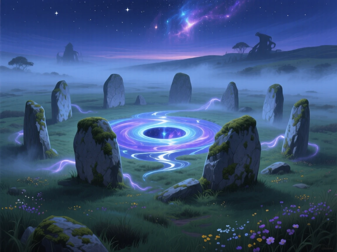 A mysterious portal glows within a ring of standing stones on a foggy moor, swirling energy hinting at another world beyond, faint traces of light or energy drifting through the air to heighten the sense of magic.