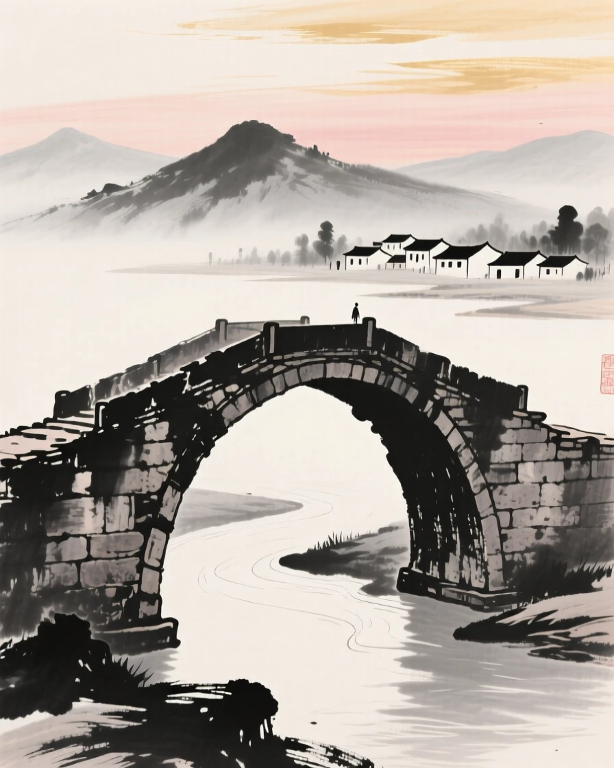 An old stone bridge leads travelers toward a distant mountain village, beneath a sky tinged with the colors of early evening.
