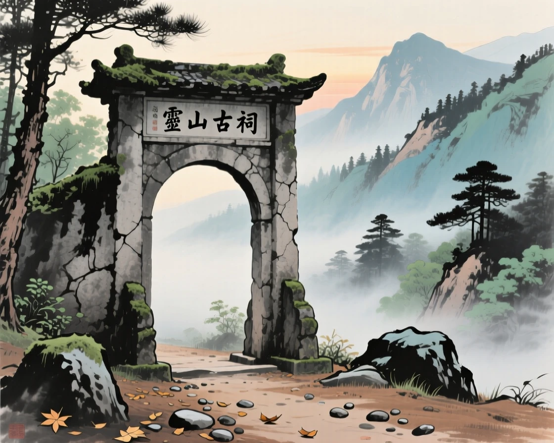 An ancient archway marking the entrance to a mountain shrine, as morning mist begins to lift.