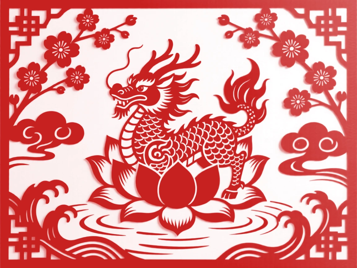 A guardian qilin, emerging from a lotus blossom in a sacred pond, while cherry blossoms swirl in the sacred wind.