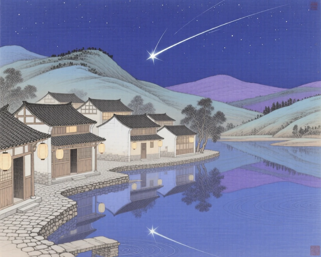 A shooting star streaking above a sleeping village, reflected perfectly in the still water below