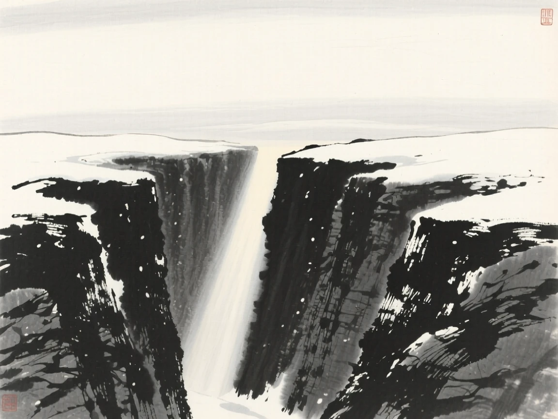 A narrow canyon lit by a single shaft of daylight under a pale winter sky heavy with unfallen snow, composed with wide open space above to emphasize the scale of the sky, suggesting the quiet vastness of the natural world.