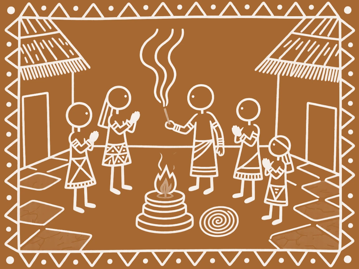 A family of worshippers in a courtyard filled with the scent of incense.
